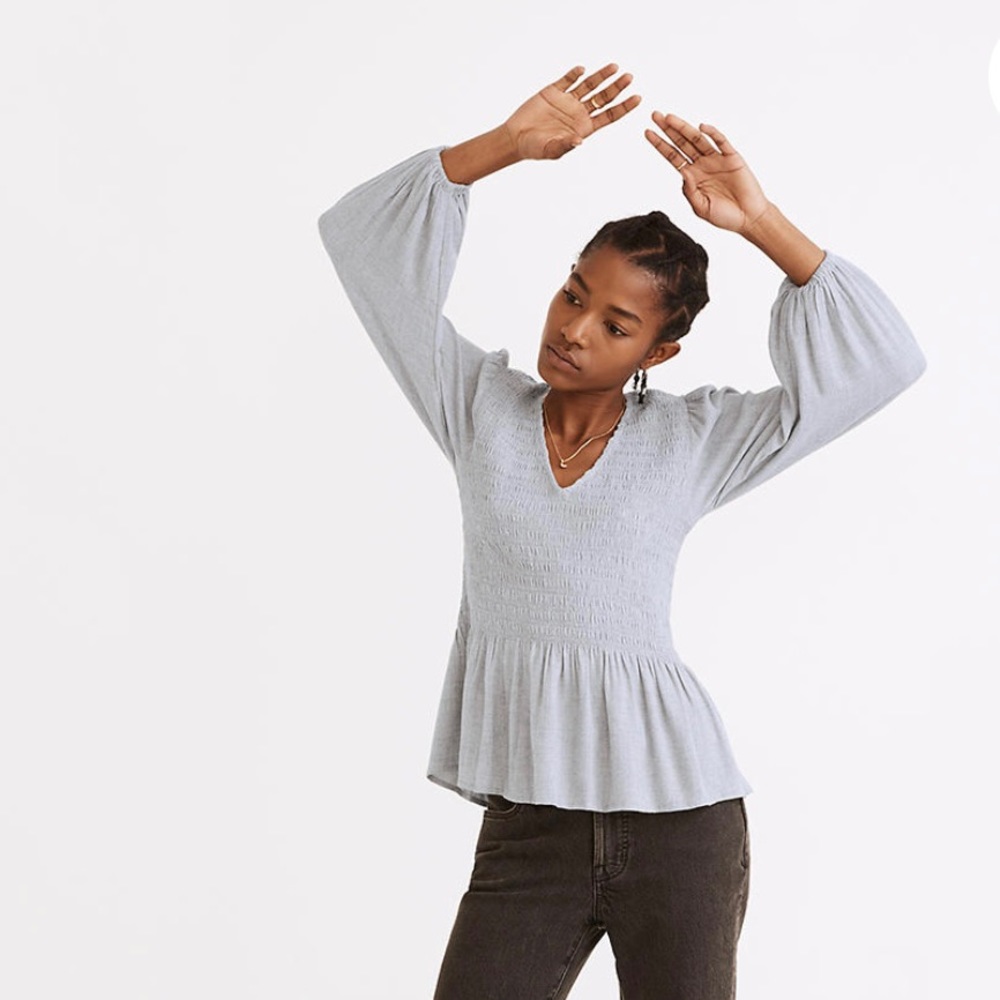 Madewell Grey Smocked V Neck Top